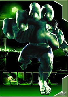 the incredible hulk movie poster is shown in green and black colors, with an image of two