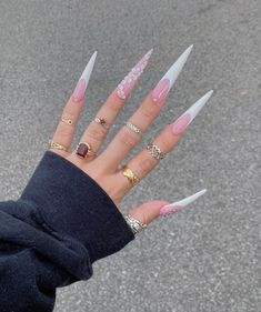 Long Pink Acrylic Nail Designs, Long Nail Inspo Baddie Design, Baby Pink Stiletto Nails, Stilettos Nails, White Stiletto Nails, Oval Nails Designs, Fye Nails