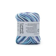 blue and white yarn with the words threaders on it, in front of a white background