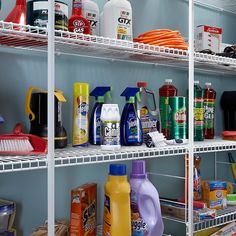 the shelves are full of cleaning products and detergents