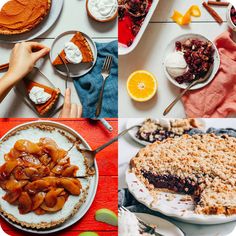 four different pictures with pies and desserts on the same table, one has orange slices