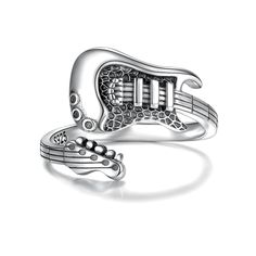 PRICES MAY VARY. Unique Design:This is a ring for the person who love Rock music and Electric guitar.Unique accessorise to your outfit or music themed things/party. High Quality Material: Made of 925 sterling silver, hypoallergenic,nickel-free,lead-free,cadmium-free and does not contain any allergic element,it is comfortable to wear and no harm to sensitive skins. Adjustable Size:The ring size can be adjusted,easily to expand or shrink，which is fit for most Women/Men. Perfect Gift: The ring come Heavy Metal Jewelry, Unique Sterling Silver Rings, Alt Rings, Guitar Unique, Guitar Ring, Funky Rings, Guitar Lovers, Mens Rings, Adjustable Jewelry