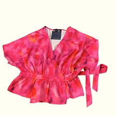 Nwt Snap Front Wrap Around With Button And Sash (Attached) Kimono Style Light Weight And Silky Appearance Tie Dye Kimono, Ruffle Hem Blouse, Black Blouse Women, Jacob Black, Stripe Silk, Pink Tie, Pink Tie Dye, Kimono Style, Pink Ties