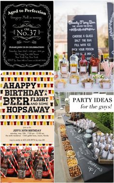 a collage of different party themes including drinks, snacks and desserts for the guests