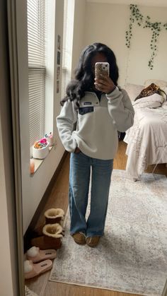 Top: Patagonia, jeans: pacsun, shoes: ugg Cute Jean Winter Outfits, Cute Patagonia Outfits, Outfit With Ugg Tazz, Ugg Ultra Minis Outfits, Outfit With Jeans Winter, Cute Cold Weather Outfits For School, Target Worker Outfit, Styling Ugg Tasman, Long Uggs Outfit