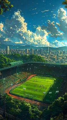 a painting of a soccer field in the middle of a city