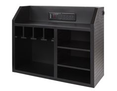 a black cabinet with two doors and three shelves on each side, one door open