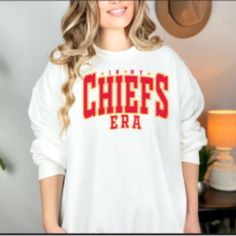 In My Kc Era Chiefs Sweatshirt New New Without Tags. Gildan Sweatshirt 18000 White Sweatshirt With Text Print For School Spirit, Chiefs Sweatshirt, Gildan Sweatshirt, Football Sweatshirt, Gildan Sweatshirts, New New, New Color, Red White, Red And White