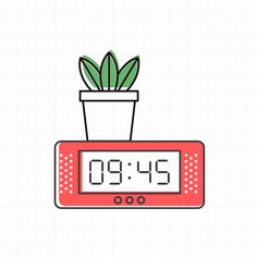 an alarm clock with a potted plant sitting on it's back end, displaying the time