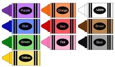 four different colored labels with the words orange, purple, green and pink on them