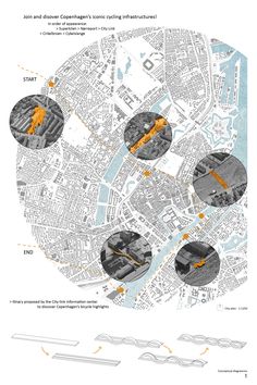 a map with orange arrows pointing to different areas in the city and on top of it