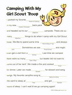 Camping Mad Lib Girl Scout Camping Activities, Camping Songs, Scout Camping Activities, Girl Scouts Games, Girl Scout Meeting Ideas, Girl Scouts Cadettes, Brownie Scouts, Camp Songs, Scout Mom