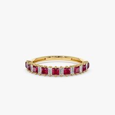 Gold Kt: 14K (also available in 18K)
Available Gold Color: Rose Gold, Yellow Gold, White Gold
Baguette Diamond: 8 pcs 2.25 x 1.25 MM
Princess Cut Ruby: 9 pcs 2.25 X 2.25 MM
Diamond Color & Clarity: G Color VS2 Clarity
Ruby CTW: 0.60 ctw
Diamond CTW: 0.20 ctw Luxury Baguette-cut Ruby Ring In Yellow Gold, Luxury Ruby Ring With Baguette Diamonds For Anniversary, Red Baguette Cut Diamond Jewelry, Red Baguette Cut Jewelry With Baguette Diamonds, Elegant Ruby Ring With Baguette Diamonds In Yellow Gold, Elegant Yellow Gold Ruby Ring With Baguette Diamonds, Luxury Formal Ruby Ring With Half Eternity, Luxury Formal Ruby Half Eternity Ring, Anniversary Yellow Gold Ruby Ring With Baguette Diamonds