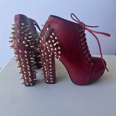 Perfect Condition, Brand New, Never Worn. Size 7m Make Me An Offer! Red Lace-up Platform Heels, Red Spiked Heels For Party, Casual Burgundy Party Heels, Red Lace-up Heels With Red Sole, Trendy Red Lace-up Heels, Red Lace-up Trendy Heels, Red Lace-up Heels For Night Out, Casual Spiked High Heels, Crazy Girls