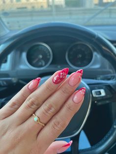 Tropical Cruise Nails, 2000s Flower Nails, Katie Fang Nails, Summer Nail Design 2024, Acrylic Nails Tropical, Strawberry Almond Nails, Summer Nails Ideas 2024 Almond, Nails Summer 2024 Almond, Summer Nail Inspo 2024 Almond