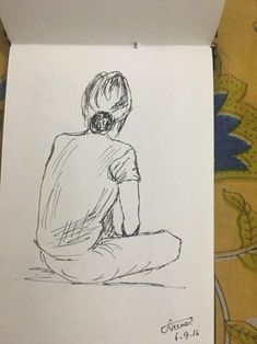 a drawing of a boy sitting on the ground with headphones in his ears,