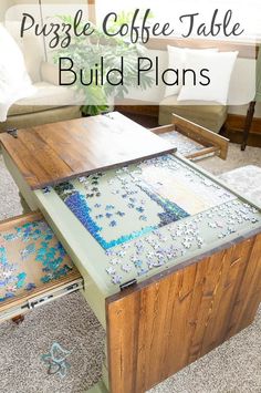 a coffee table with puzzle pieces on it and the words, how to make a puzzle coffee table build plans