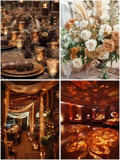 wedding decorations and centerpieces are shown in four different pictures, including pineconi