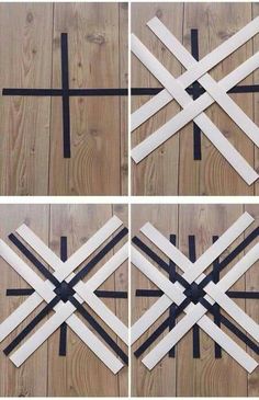 four different ways to make a cross out of strips of wood and duct tape on the floor