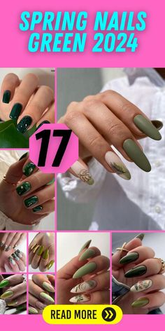 Nails Acrylic March 2024, Green Spring Nails 2024, Spring Green Nail Designs, Spring Nails 2024 Trends Green, Trendy Nail Colors Spring 2024, March 2024 Nails, Spring Green Nails, Black Spring Nails, Green Spring Nails