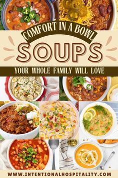 A variety of comforting soups from chilis to corn soup, and other vegetable soups served in a bowl.