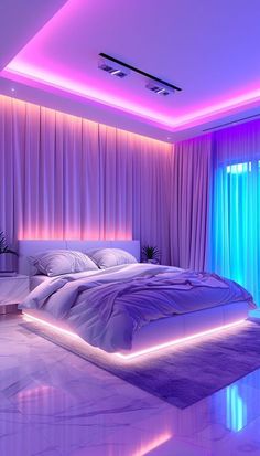 a large bed sitting under a purple light in a bedroom next to a tall window