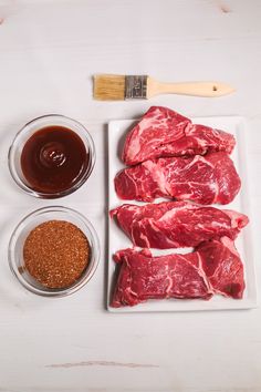 steaks and seasonings on a white plate with the words, this is what you'll need