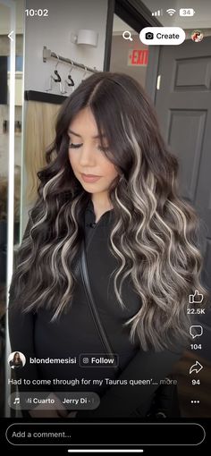 Black With Blonde Balayage, Black And Platinum Hair Balayage, Half Head Foils Black Hair, Blonde Peekaboo On Black Hair, Black And White Balayage, Dark Hair With Platinum Money Piece, Jet Black With Blonde Highlights, Modern Ombre Hair, Chocolate Brown Hair With Platinum Highlights