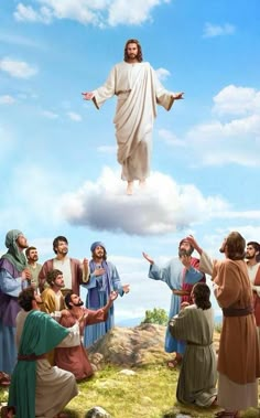 an image of jesus in the sky with people surrounding him