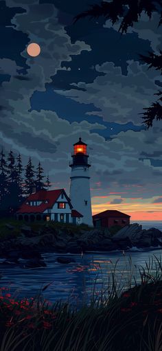 a painting of a lighthouse at night with the moon in the sky and trees around it