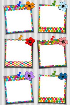 four colorful frames with flowers and polka dots on the bottom one is blank for text