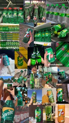 collage of green soda bottles and cans