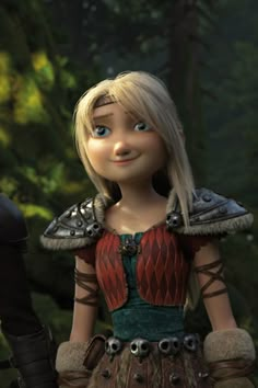 an animated character with blonde hair and blue eyes wearing armor in front of some trees