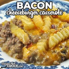 a blue and white plate topped with cheeseburger casserole