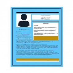 a blue and yellow resume with a person's profile on it, in the center