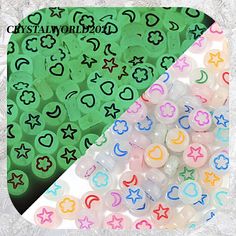 Glow in the dark assorted colour flat round flower /star/moon/heart acrylic beads for jewellery making 50pcs / 100pcs / 300pcs per bag hole size : 1.5mm ( approx ) colour as picture shown  top quality - uk seller Alphabet Beads, Decorative Beads, World Crafts, Bracelet Diy, Star Moon, Square Bead, Letter Beads, Beaded Material