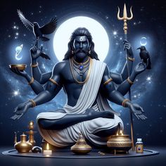 an image of the hindu god sitting in front of a full moon with his hands up