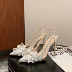 LBSFY - 6cm New Fashion Sandals Sequins Pointed Toe with Pearl Bow High Heels Ankle Wrap Wedding Women Shoes 40 41 Crystal Wedding Shoes, Silver Wedding Shoes, Bow High Heels, Mary Jane High Heels, Gold High Heels, All Black Shoes, Closed Toe Heels, Bridal Wedding Shoes, Bridesmaid Pearls