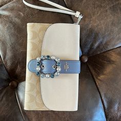 Brand New Coach Clutch With Gem Design Coach Wallet With Detachable Strap, Coach Blue Clutch For Everyday Use, Coach Rectangular Clutch With Detachable Strap, Blue Coach Clutch For Everyday Use, Coach Clutch With Detachable Strap, Rectangular, Gem Design, Coach Clutch, Bags Coach, Small Clutch