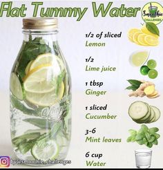 a glass jar filled with lemon slices, cucumber and mint leaves next to a cup of water