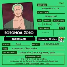 the poster for boronoa zoro is displayed on a green background