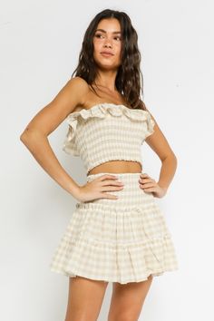 Two-Piece Dress Set - Khaki Gingham Two-Piece Dress - Set | Boho Pink Set Outfit Two Pieces, Matching Skirt Set, Cute Looks, Tiered Mini Skirt, Mini Skirt Dress, Dress Sets, Mini Skirt Set, Boho Pink, Skirt And Top Set