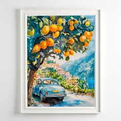 a painting of an orange tree with a blue car parked under it on the side of the road