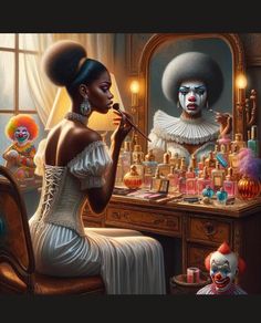 a painting of a woman sitting in front of a vanity with clown makeup on it