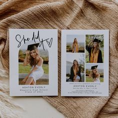 two graduation photos on top of a blanket with the words, she and sky above them