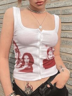 Button Front Ribbed Cropped Tank Top - AnotherChill Emmiol Tops, Retro 90s Outfits, Edgy Grunge Style, 90s Y2k Fashion, Street Y2k, Estilo Hippie, Baby Tees Y2k, Ootd Outfits, Y2k Clothing