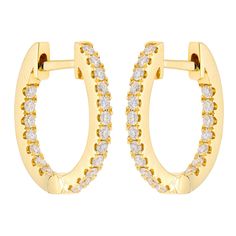 These stunning, hinged hoop earrings showcase 38 round diamonds. The diamonds dazzle endlessly and are embellished on the inside and the outside of these 18k yellow gold hoops. 18K Yellow/3.2G 38 Round Diamonds-0.46CT Timeless Earrings, Yellow Gold Diamond Earrings, Diamond Color Grade, Luxe Jewelry, Hoop Design, Gold Diamond Earrings, Diamond Hoop Earrings, Fine Jewelry Collection, Gold Hoops