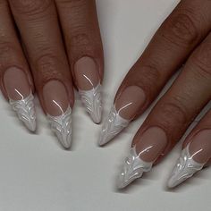 stiletto fingernails Textured French Tip Acrylic Nails, Mermaid Chrome French Tip Nails, Almond Pink Chrome French Tip Nails, Gen Nail Design, White Birthday Nails Almond, Long Almond Nails Designs Summer 2024, Chrome Texture Nails, Oval Classy Nails, Colorful Almond French Tip Nails