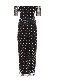 This midaxi dress features a mesh fabric with a polka dot pattern and a ruched design, offering a flattering silhouette. Ideal for race day or wedding guest occasions. Dress Quiz, Animal Print Outfits, Bardot Dress, Midaxi Dress, Guest Attire, Wedding Attire Guest, Polka Dot Design, Puff Sleeve Dresses, Polka Dress