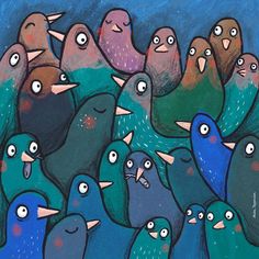 a painting of many birds with different colored beaks and one has its mouth open